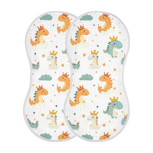 Cartoon Dinosaur with Crown Baby Burp Cloths, Cotton Soft Absorbent Burp Cloth, Baby Bib Cloths Spit Up Rags for Newborn Boys Girls, 2 Pack, 22”x11”2