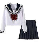 [HarnyLoom] セーラー服 半袖 長袖 本格制服 スカート 蝶結び 3点セット 白三本 関西襟 前開き 紺色の襟 プリーツスカート 女子制服 学生服 女子高校生 高校生 制服 コスプレ ...