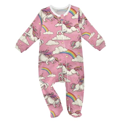 Wusikd Cute Unicorns One-Piece Footies Rainbows Pink Bodysuits Rompers Zipper for Boys Girls 3M