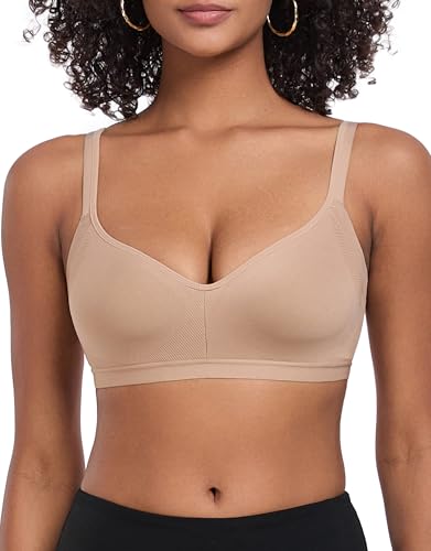ANGOOL Damen BH Ohne Bügel Mittlerer Halt Sport BH Rückenverschluss Verstellbar Träger Klassische Schlaf Bra Gepolstert V-Ausschnitt Seamless, Beige, S