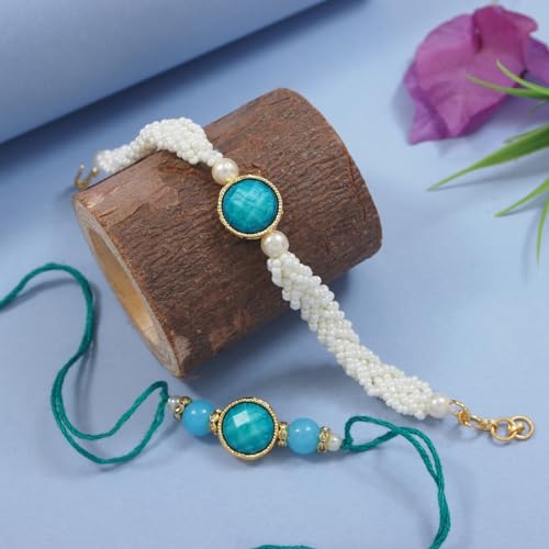 Image of I Jewels Designer Kundan Pearl beaded Bhaiya Bhabhi Lumba Rakhi Bracelet Combo Set With Roli Chawal & Rakshabandhan Greeting Card
