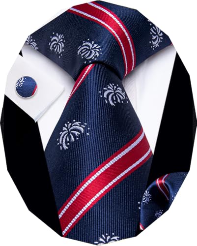 Image of YourTies American Flag Ties for Men Woven Silk Blue Striped Necktie with Handkerchief Cufflinks Set Formal Business