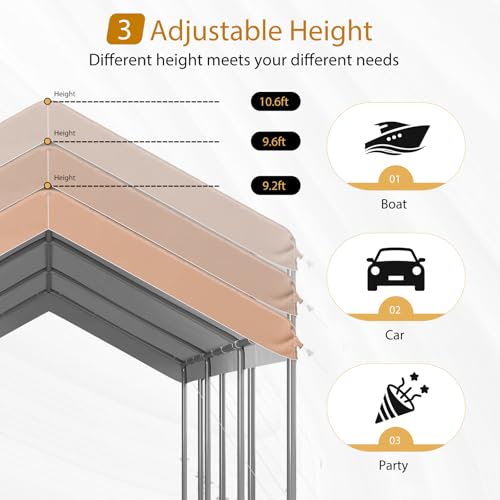Image of Aoxun 10x20 ft Heavy Duty Carport, Adjustable Height Portable Garage, Khaki