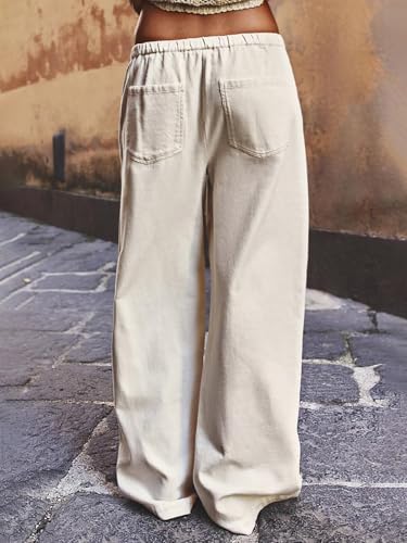 Flamingals Women's Straight Leg Pants Baggy Mid Waist Casual Solid Drawstring Eyelet Waist Slant Pocket Pants3