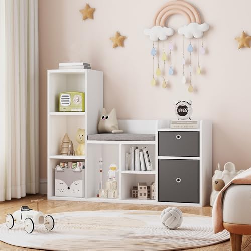 GarveeHome 44 Inch Kids Bookshelf and Toy Storage with Reading Nook & Seat Cushion, Toy Storage Organizer with 6 Cubby and 2 Extra Drawers, Kids Reading Nook for Playroom Kids Room