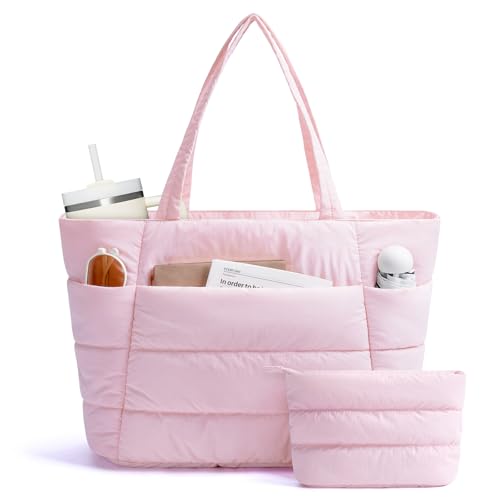 Narwey Puffer Work Tote Bag for Women Puffy Nurse Teacher Bag with 15.6 Laptop Compartments Quilted Shoulder Bag for Travel College Gym Gifts for Women Girls (Pink)