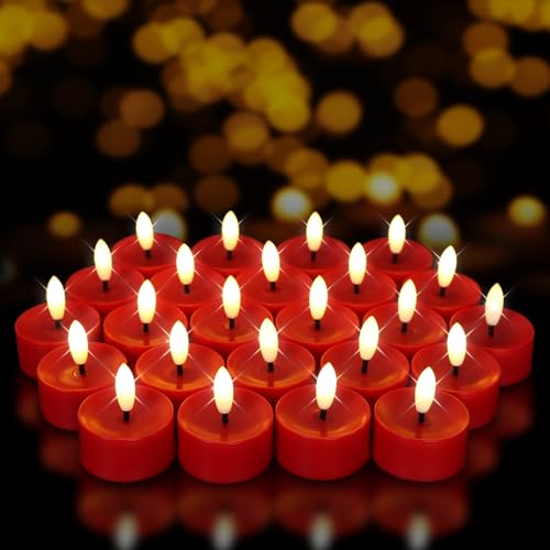 Image of 24 Pack Red Flameless Tealight Candles Battery Operated Tea Lights, Realistic Flickering Fake LED Tealights Candles, 3D Wick LED Tea Lights for Christmas, Festival, Party, Home Decor