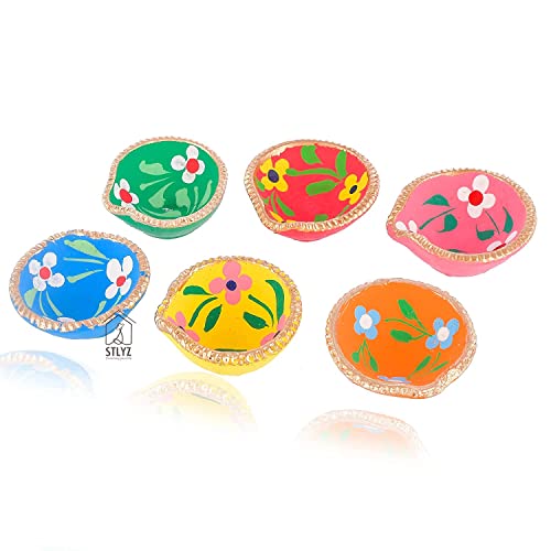 Image of Colourful Handmade Diyas for Diwali (51 Pcs) Hand Painted Decorative Clay Mitti Diya Deepak Lanterns for Diwali Decoration