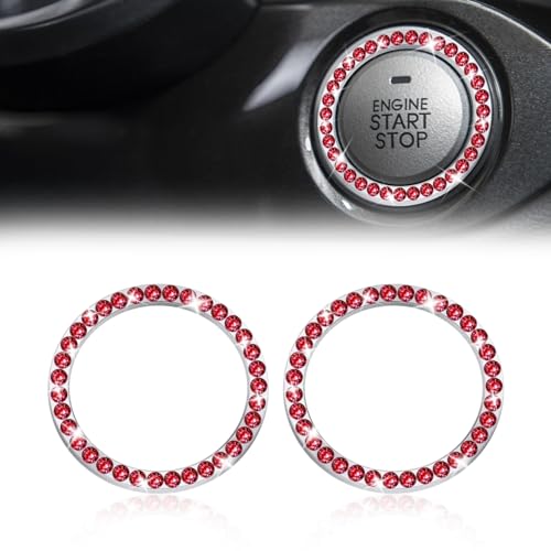 Image of 2 Pcs Crystal Rhinestone Car Engine Start Stop Decoration Ring, Push to Start Button Cover, Bling Car Accessories for Women, Key Lgnition Starter Knob Ring (Red)