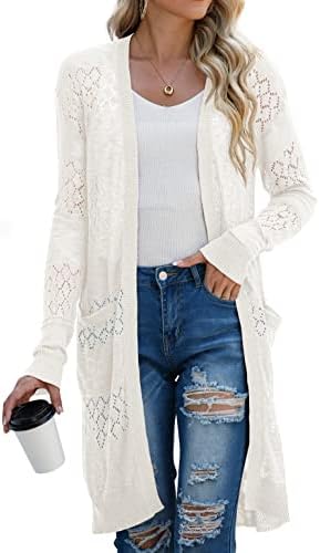 GRECERELLE Womens Lightweight Longer Length Cardigan Long Sleeve Casual Crochet Open-Front Sweater with Pockets