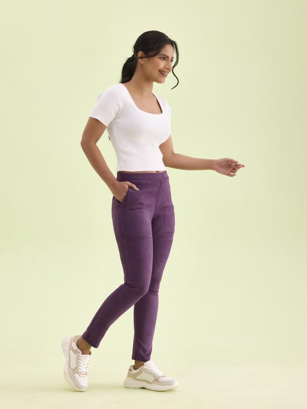 Image of GO COLORS Women Solid Mid Rise Suede Treggings