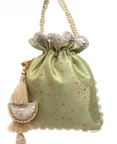 Image of MILAN'S CREATION Pure Banarasi Potli Silk Brocade Bag Purse Drawstring Women's handbag with Pearl Handle & Tassel Weddings