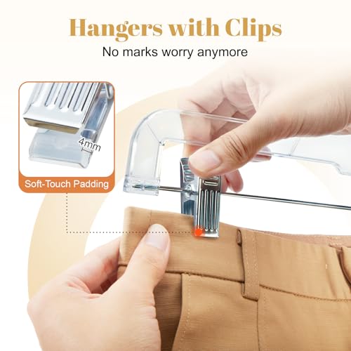 HOUSE DAY 12 Pack 14 inch Clear Plastic Skirt Hangers with Adjustable Clips, Pants Hangers 360-Rotating Swivel Hook, Clip Hangers for Pants, Trousers, Skirts, Jeans, Bulk Plastic Hangers