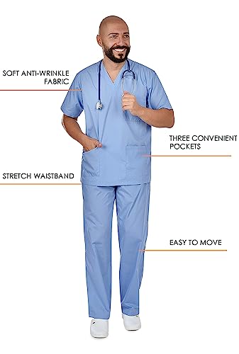 B-well Cesare Unisex-Schrubb-Set Schlupfkasack + Schlupfhose Set Medizin Arzt Uniform Schlupfjacke Oberteil mit Hose Medizinische Berufsbekleidung Blau M