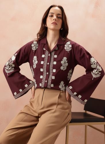 Image of Bee M Pee Designer Women's Embroidered Korean Crop Shirt | Full Bell Sleeves Western Tops for Woman Stylish | Oversized Formal /Casual /Office Wear Cotton Shirts Top for Women