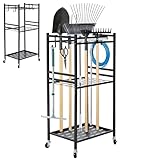 ohbien Gartengeräte Aufbewahrung mit 4 Haken 3 Stöckiges Garden Tool Stand mit Feststellbaren Rollen Gartenwerkzeug Organizer 43x30x80 cm, für Hacke Besen Rechen Schaufel, Garage, Garten & Schuppen