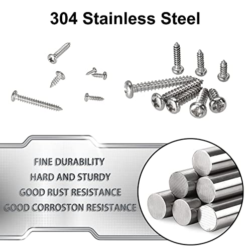 FandWay 595Pcs Self Tapping Screws 304 Stainless Steel,M2 M3 M4 Small Wood Screws Assortment,Pan Head Self Drilling Screw,Round Head Sheet Metal Screw Phillips Drive for DIY Wood Repairs.