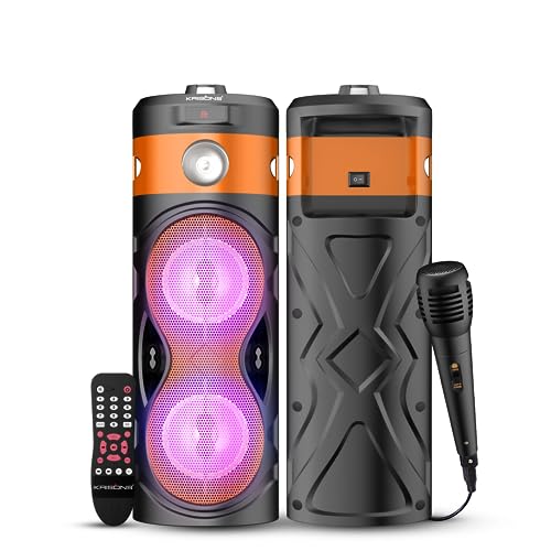 Image of Krisons Cylender 111 50W Portable Speaker with 4 inch Double Woofers,Free Wired Mic for Karaoke, in Built Torch, Remote Control with Bluetooth, FM, USB, Micro SD Card Connectivity (Orange)
