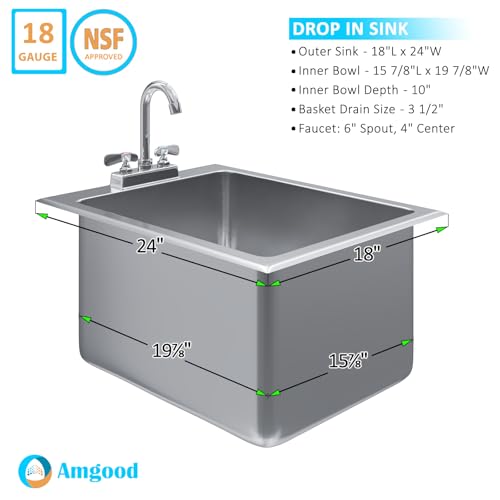 Image of Stainless Steel 1 Compartment Drop-In Sink. Bowl 16 in. x 20 in. x 10 in. With Faucet