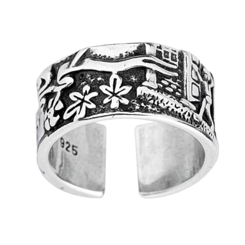minkissy Anillo Abierto Mujer Vintage Estilo Étnico con Patrón Floral Diseño Retro Joyería Femenina Plata