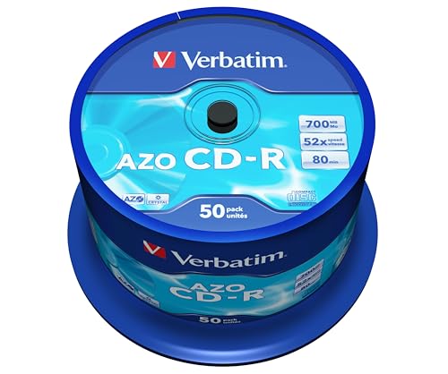 Verbatim CD-R AZO Crystal 700 MB, 50er Pack Spindel, CD Rohlinge, 52-fache Brenngeschwindigkeit mit langer Lebensdauer, leere CDs, Audio CD Rohling, für Fotos & Videos & Dokumente