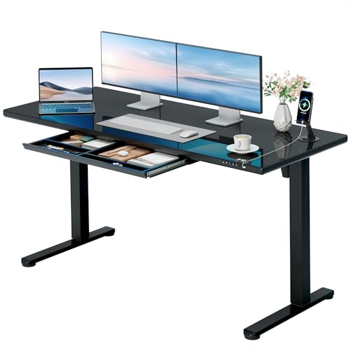 Furmax Glass Standing Desk with Drawers, Electric Adjustable Home Office Sit Stand Desk with One-Piece Desktop & USB Charging Port for Computer Desks (Black Glass, 55 Inch)