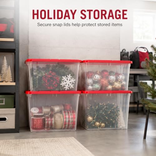 Image of Storage Bins 27 Gal Clear with Red Snap Lid 4 Pack for Garage | 4-Pack 27 Gallon Clear Storage Bins - Red snap lids with 2-point closure. Built-in handles and stackable design.