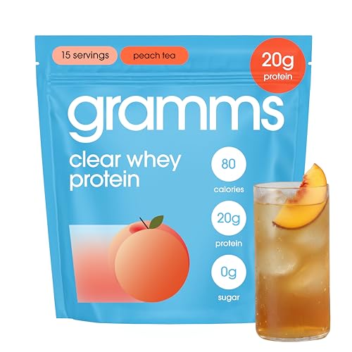 Image of GRAMMS Clear Protein Powder | 20G Whey Isolate | Peach Tea | 15 Servings | Gluten Sugar Lactose Free | 3rd Party Tested for Purity, Grass Fed European Whey Protein Water Powder, No Sucralose