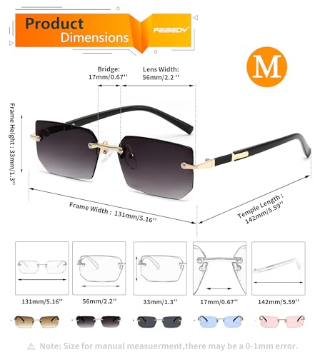 Image of FEISEDY Rimless Sunglasses Y2K Retro Small Narrow Clear Eyewear Vintage Rectangle Sunglasses for Women Men B2643