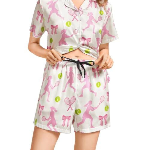 Image of Funny Pajamas for Women Set Print Satin Loungewear Pjs Short Sleeve Button Down Top and Shorts Sets Sleepwear XS-3XL