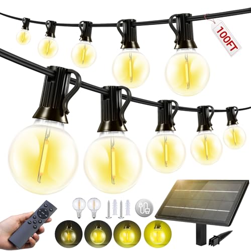 FUANXIEI 100FT Solar Lights Outdoor Waterproof: G40 30M Shatterproof Bulbs Patio Lights - Solar Powered Remote Control 3 Light Modes Dimmable Solar Light - Camping Backyard Garden Deck Outside Yard