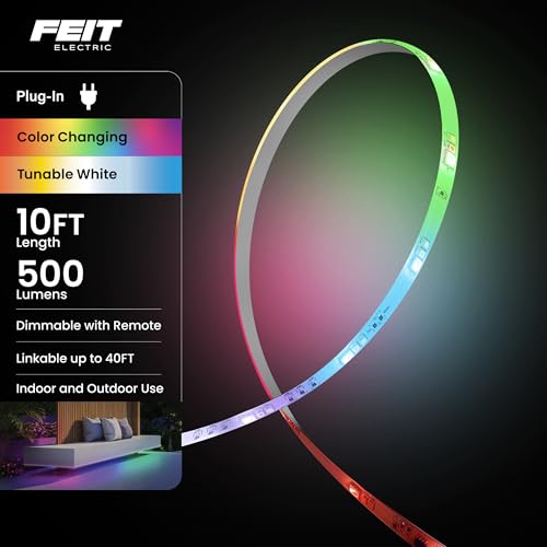 Image of Feit Electric 100ft Chasing & Tunable White LED Tape Light, Dimmable, RGB Colors, Cuttable for Custom Fit, Slim 0.4-Inch Width, Indoor /Outdoor Plug-in Light Strip, Remote Controlled, TAPE1200 /CHASE