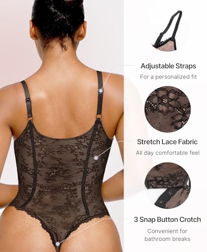 SHAPELLX Lace Bodysuit for Women Tummy Control Shapewear Bodysuit for Women Thong V Neck Sleeveless Backless Body Suit4