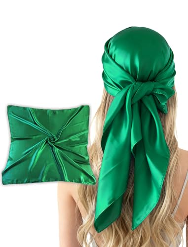 CHUNG 35 Large Scarf Solid Color Square Wraps Satin Silky Feel Big Hair Bandanas 90cm Necktie 90-ClvGreen