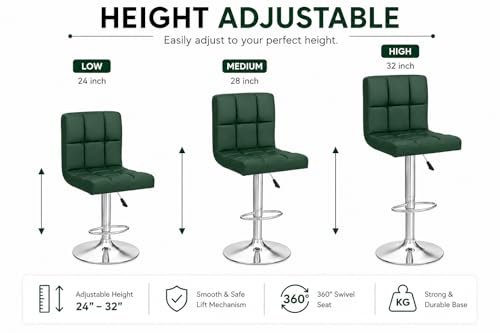 Image of Kemon KaiMeng Modern Adjustable Swivel Bar Stool Chair with Backrest, PU Leather Hydraulic Counter Stool with Footrest for Kitchen Island, Cafe & Home Bar, Green, Square Tufted Back Stool