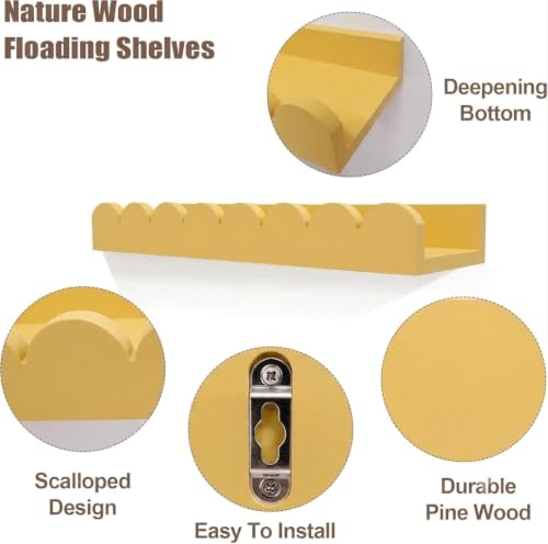Image of Scalloped Shelves for Nursery - Wall Book Shelves for Bedroom Kids, Nursery Bookshelf for Wall Set of 4, Floating Book Shelves Solid Wood,18 Inch (Yellow)
