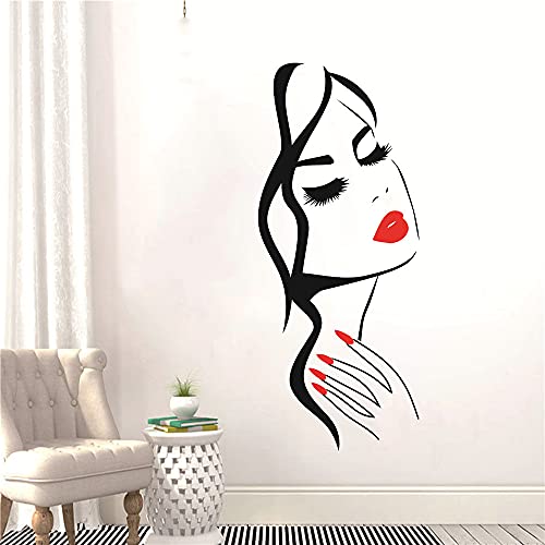 Wall Decal Beauty Salon Manicure Nail Salon Wall Art Sticker Beautiful Girl Face Lips Home Decor Stickers Barber Shop Hairstyle Decoration Wall Mural M-73 (Black+ Fire Red Lips, 40X90Cm) #TOP13