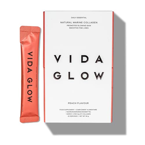 Vida Glow - Sobres de colágeno marino hidrolizado natural | Promueve una piel brillante + suaviza las líneas finas (melocotón, 30 sobres)