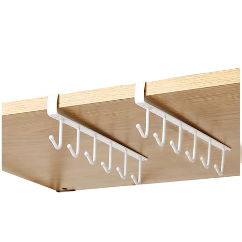 Gouccpu 2 Pack Hanging Hooks Rack Cup Holder Under Cupboard Cabinet Coffee Mug Holder 6 Hooks Drilling Free Coffee Cups Holder Kitchen Utensil Storage Organizer Hook Rack (White)