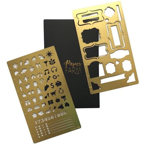 Metal Bullet Journal Stencil Set (2 Pack) w/Etched 6 inch Ruler (Satin Gold) Planner Icons + Frame Layout Stencil | Ideal for A5 Notebook Size Like Leuchtturm1917