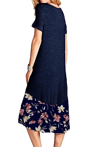 Image of Jayscreate Women's Casual Summer Dress Midi Length T Shirt Tunic Short Sleeve Crew Neck Long Beach Dress Loose Fit with Pockets Blue