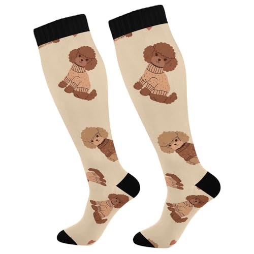 Dussdil Cute Brown Poodles Dogs Hearts Compression Socks for Women Men Christmas Circulation Long Knee Socks for Winter Warm Stockings Socks