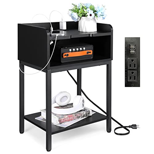 Farexon Nightstand With Charging Station And Usb Ports,Nightstand With Storage Drawer And Shelf, Small Bedside Table,End Table Night Stand For Bedroom(1 Pcs, Black) #TOP23