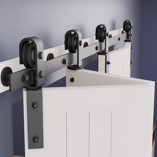 ZEKOO 60" Bi-Folding Sliding Barn Door Hardware Kit for 4 Closet Doors, Bifold Barn Door Kit for Closet, Front Mount and Top Mount Black Roller Track Kit for Folding Barn Doors [Doors not Included]