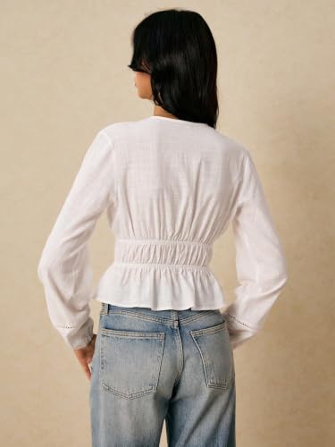 Image of Shasmi Women's Solid Deep V Neck Cotton Long Bishop Sleeve Drawstring Waist Ruffle Hem Peplum Top | Blouse | Casual Boho Cottagecore Shirt for Office, Vacation & Daily (Top 304)