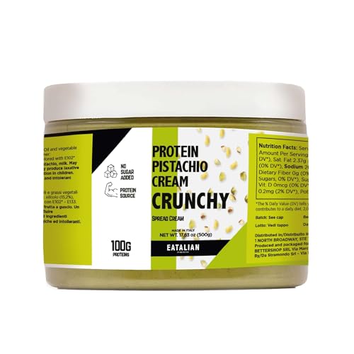 Image of EATALIAN by AMZ BETTER Spreadable Crunchy Pistachio Protein Cream 17.63 oz / 500 gr, Pistachio Cream with Grains, Protein Paste, Sweet Taste, Ideal on Bread Excellent for Dubai Chocolate, Made in Italy