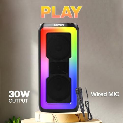 Image of GIZMORE MS530 Play 30W with Karaoke Wired Mic BT Speaker|6HOUR Play Time|Loud & Clear Stereo Sound|Vivid RGB Lights|BT /USB /SD Card Playback, Portable & Type C Fast Charging (Black)