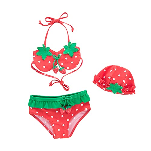 Baby Girl Strawberry Swimsuit 3PCS Halter Triangle Tops Ruffle Trim Bottoms Sun Hat Bikini Set Bathing Swimwear