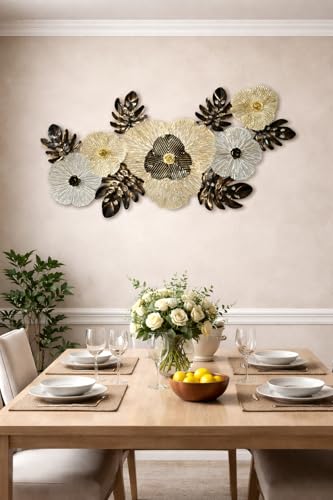 Image of F-RIQA METAL 3D Floral Metal Wall Art, Gold & Black Leaf Design, 42 x 20 Inch