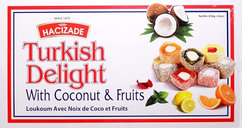 Hacizade Turkish Delight With Mixed Fruit Coconut Covered 454gr, (1